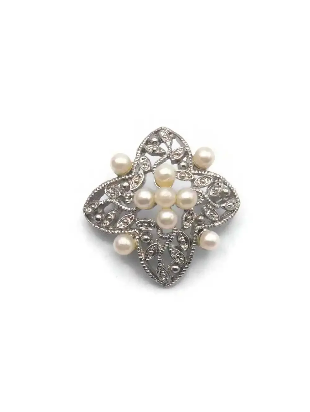 Vintage Silver Tone and Faux Pearls Brooch.